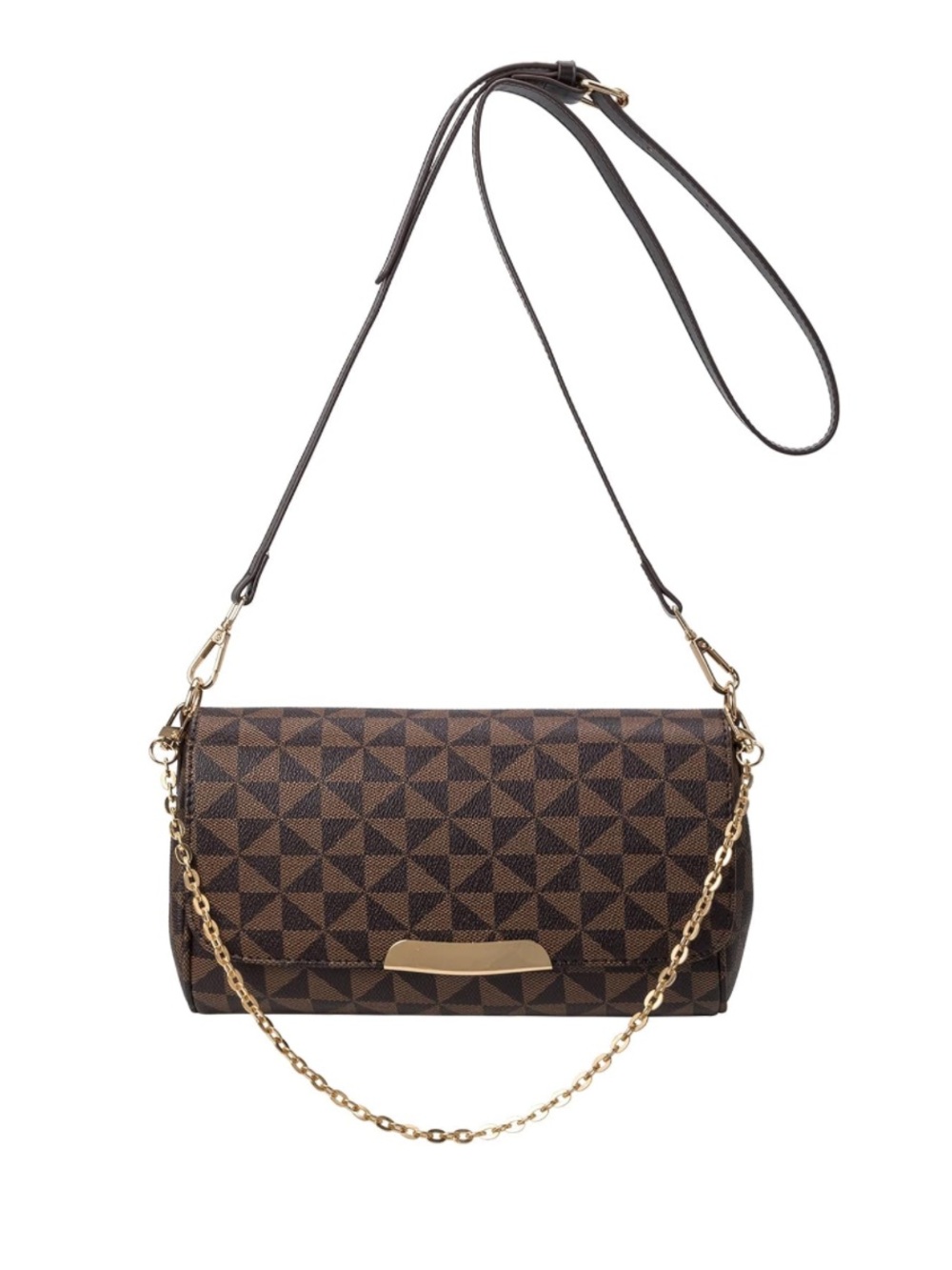 Brown Geometric Crossbody Shoulder Bag with Gold Chain